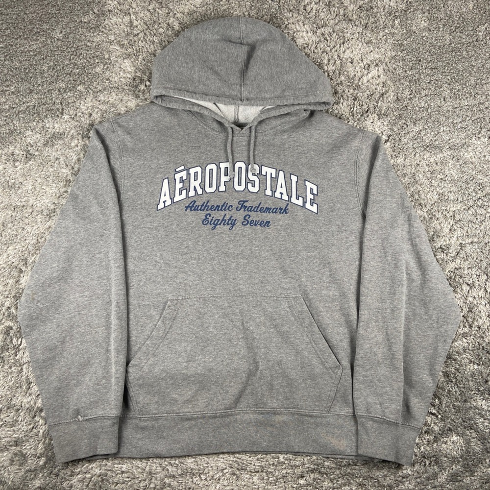 Vintage Aeropostale Hoodie Mens L Grey Athletic Brand Pullover Sweatshirt Y2k